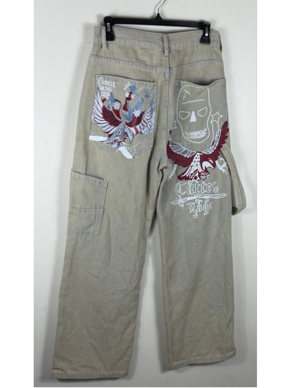 unbranded Men's Light Wash Denim Jeans Straight Fit Skull Graphic Cargo Pkt